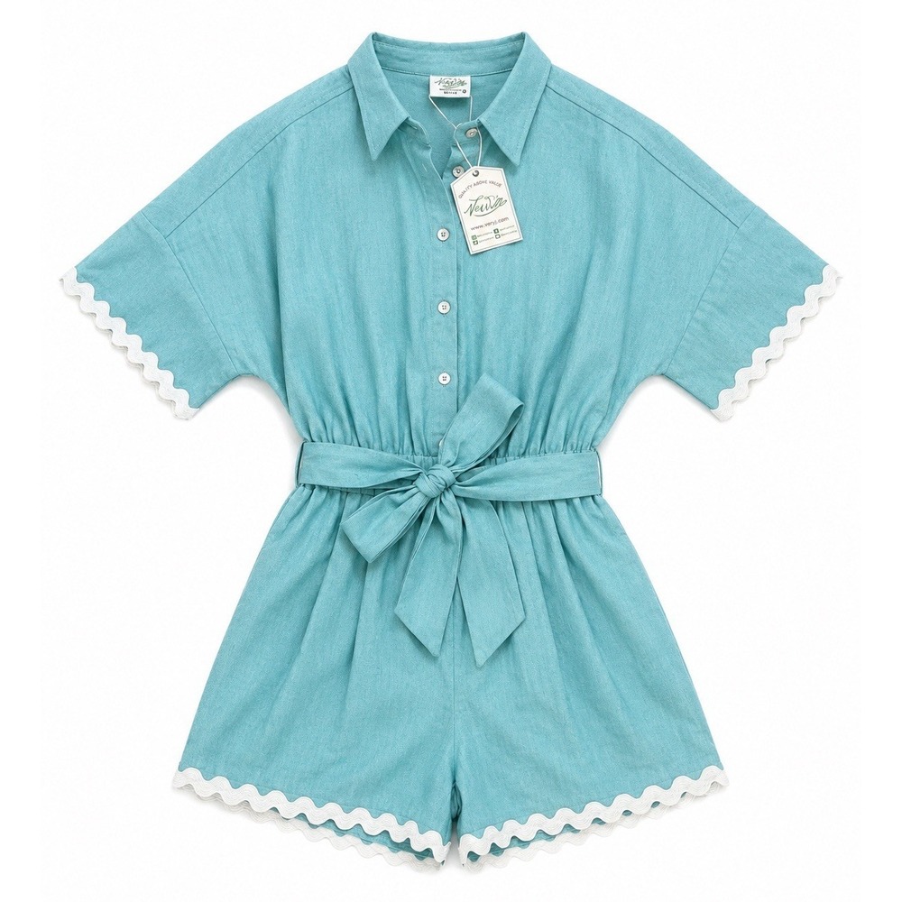 Boutique Romper M‎ Teal Scalloped Trim Coastal Chic Preppy Vacation Resort Wear
